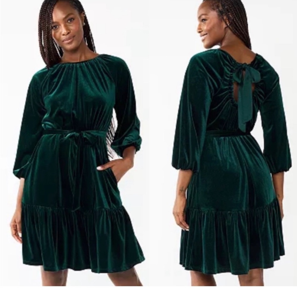 DRAPER JAMES RSVP women’s Long Sleeve Bow Back Dress in velvet green NEW XS